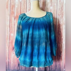 Women’s Large Petite Blouse Rebecca Malone Blue 3/4 Sleeves Lined Elastic Waist